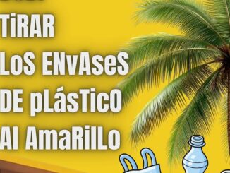 Campaña de reciclaje con contenedor amarillo para botellas, envases y latas