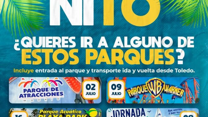 Veranito 2026: Toledo regala actividades gratuitas a jóvenes este verano Cartel del Programa Veranito 2026 del Ayuntamiento de Toledo con las cuatro actividades: Parque de Atracciones Madrid, Parque Warner Madrid, Playa Park Ciudad Real y Jornada Náutica Playa de Manchamar