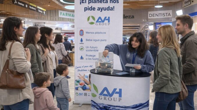 Promotora informando a varias personas y familias en un stand de AH Group junto a un cartel que dice "¡El planeta nos pide ayuda! Menos plástico, bebe agua pura".