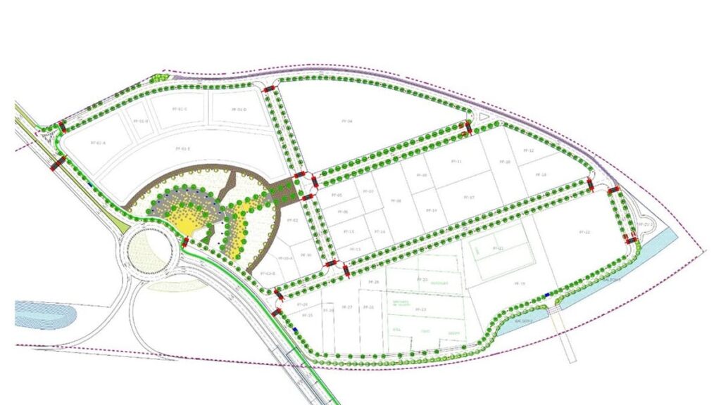 Plano urbanístico de la zona de Campollano en Albacete mostrando parcelas, vías, áreas verdes y acceso al desarrollo residencial e industrial