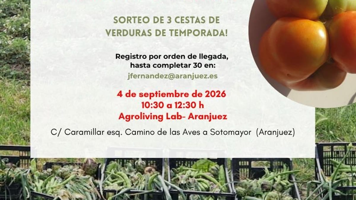 Cartel de la visita guiada al Agroliving Lab Aranjuez con cata de tomates y sorteo de cestas de verduras de temporada