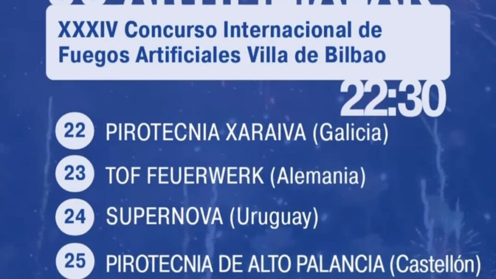 Cartel promocional del XXXIV Concurso Internacional de Fuegos Artificiales de Aste Nagusia 2026 en Bilbao