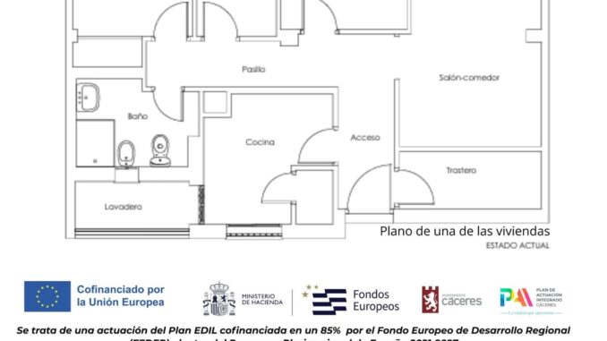 Cáceres licita los servicios técnicos para rehabilitar 17 viviendas de alquiler social Plano de una vivienda del programa Hogares EDIL con espacios como dormitorios, salón-comedor, cocina y baño. Proyecto cofinanciado por la Unión Europea a través de fondos FEDER
