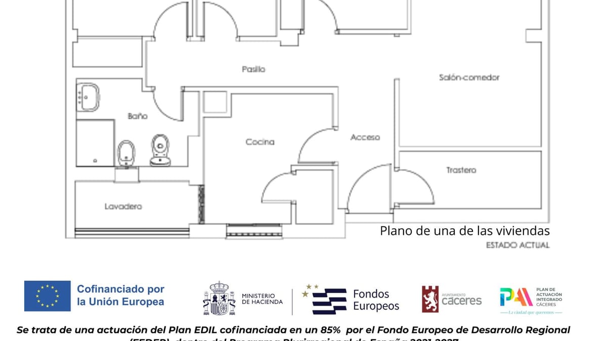 Plano de una vivienda del programa Hogares EDIL con espacios como dormitorios, salón-comedor, cocina y baño. Proyecto cofinanciado por la Unión Europea a través de fondos FEDER