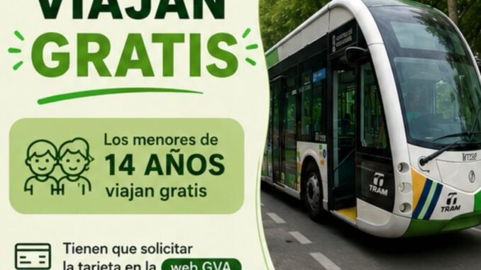 Cartel informativo sobre viajes gratis para menores de 14 años en TRAM y autobús de Castellón, con logos de Generalitat Valenciana y Ayuntamiento de Castelló