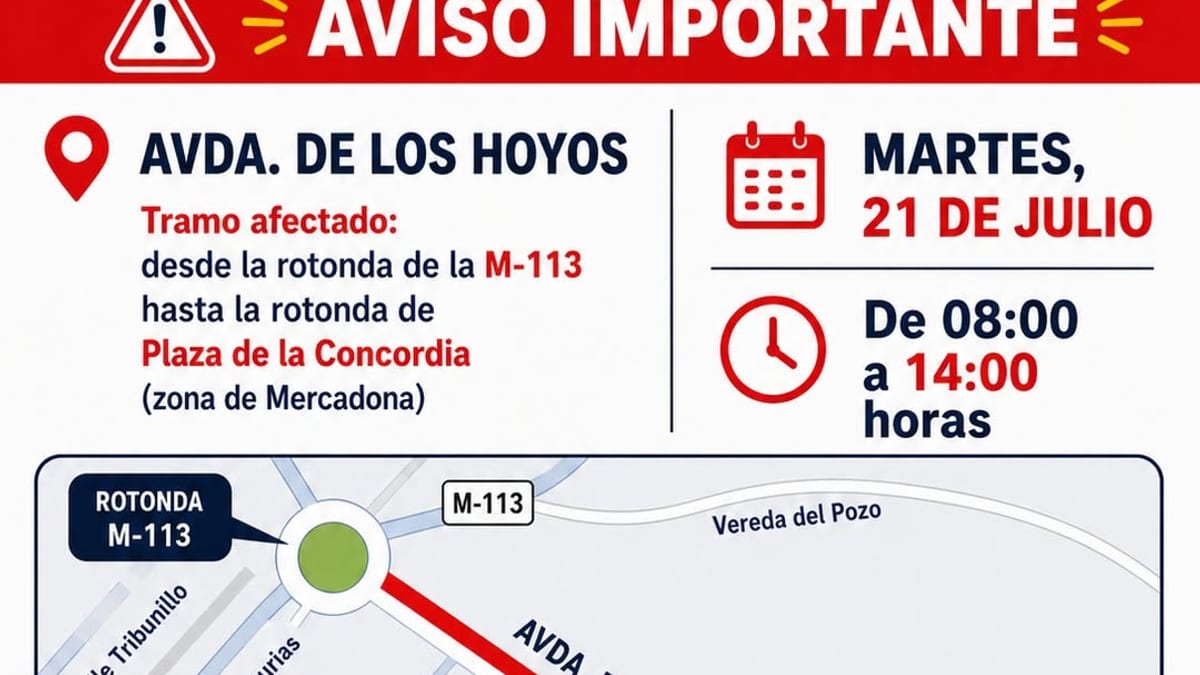 Mapa del corte de tráfico en Avenida de los Hoyos de Paracuellos de Jarama con indicación del tramo afectado entre rotonda M-113 y Plaza de la Concordia