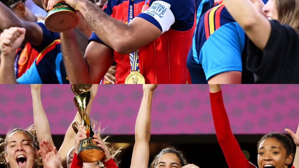 Campaña de Formación y Empleo celebrando el triunfo mundial del fútbol español con dos generaciones de deportistas