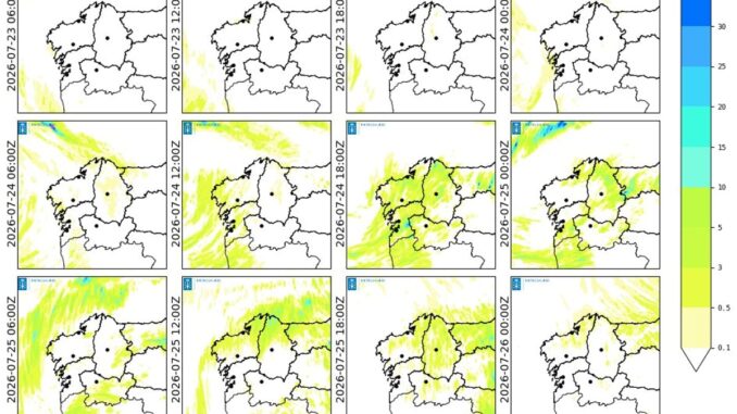 Imagen de predicción meteorológica de MeteoGalicia mostrando precipitación acumulada para los próximos días en Galicia