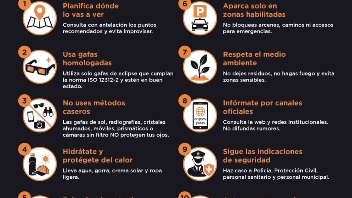 Instrucciones de la Generalitat Valenciana para disfrutar del eclipse de 2026 con seguridad, incluyendo recomendaciones sobre gafas ISO, planificación y protección ambiental