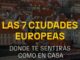 Cartel de ICEX mostrando las 7 ciudades europeas donde están disponibles los centros de negocio: Düsseldorf, Estocolmo, Londres, Milán, Moscú, Praga y Varsovia