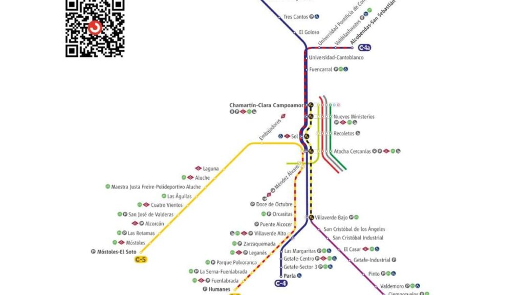 Cartel informativo de Renfe sobre modificación de horarios en línea C-3 por obras del 17 al 22 de julio con mapa de líneas alternativas