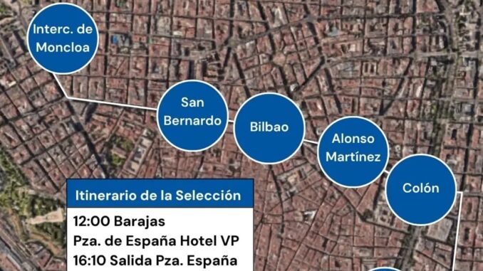 Mapa del recorrido de la rúa de la selección española por Madrid con paradas en Moncloa, San Bernardo, Bilbao, Alonso Martínez, Colón y Cibeles
