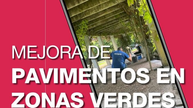 Mejora caminos y accesos en parques y jardines en Sevilla Cartel informativo del Ayuntamiento de Sevilla sobre la mejora de pavimentos en zonas verdes