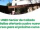 Cartel de los nuevos cursos UNED Senior Collado-Villalba con información sobre Historia de América, Novela, Inteligencias Múltiples y Antropología