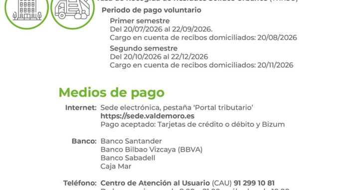Cartel del calendario del contribuyente 2026 de Valdemoro con los plazos de pago del IBI y tasa de recogida de residuos