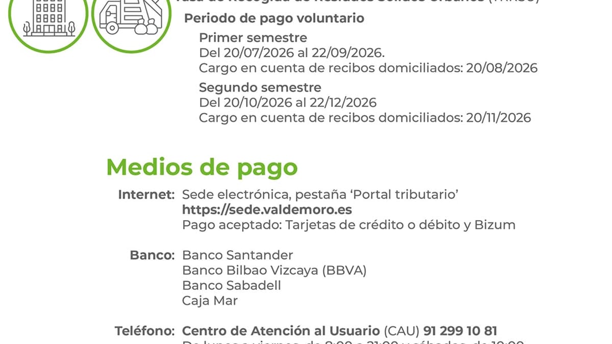 Cartel del calendario del contribuyente 2026 de Valdemoro con los plazos de pago del IBI y tasa de recogida de residuos