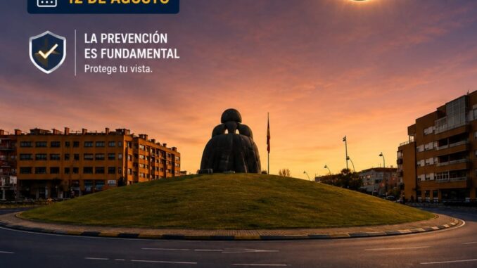 Cartel informativo del Ayuntamiento de Alcobendas sobre recomendaciones de seguridad para observar el eclipse del 12 de agosto, incluyendo instrucciones sobre gafas homologadas ISO 12312-2 y prevención de daños oculares
