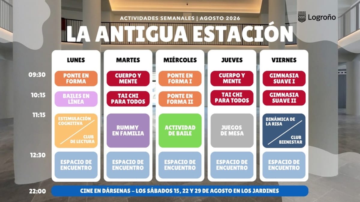 Programa semanal de actividades para mayores en La Antigua Estación de Logroño durante agosto 2026, con horarios de gimnasia, bailes, tai chi, lectura y juegos de lunes a viernes