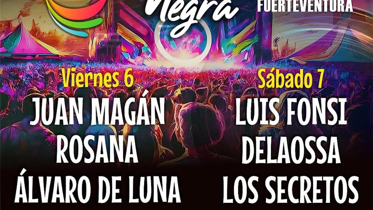 Cartel oficial del festival Arena Negra 2026 con los artistas confirmados para los 6 y 7 de noviembre en la Playa de Gran Tarajal, Fuerteventura