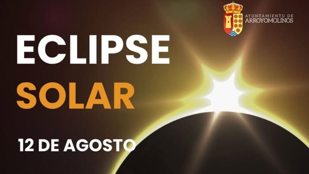Cartel del evento eclipse solar 12 de agosto en Arroyomolinos con información de horario y ubicación del mirador