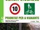 Cartel informativo del Ayuntamiento de Valencia sobre normas de circulación en el Jardín del Turia: senda ciclable con límite de 10 km/h y prioridad para peatones