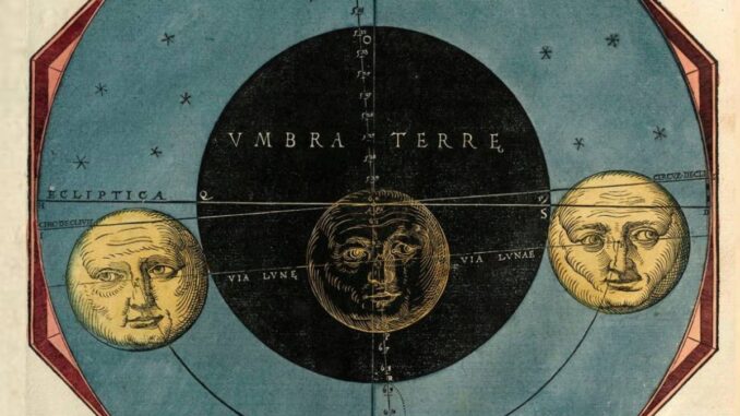 Exposición digital de la BNE sobre eclipses: detalle de obra astronómica histórica con esquemas de eclipses y la tierra