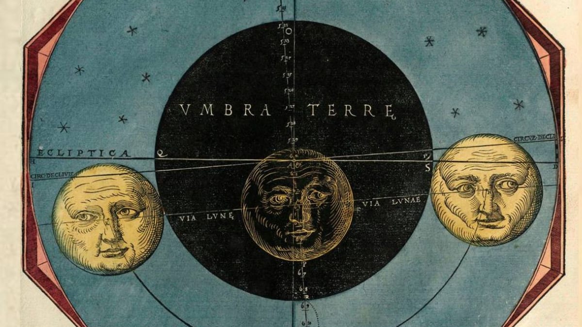 Exposición digital de la BNE sobre eclipses: detalle de obra astronómica histórica con esquemas de eclipses y la tierra