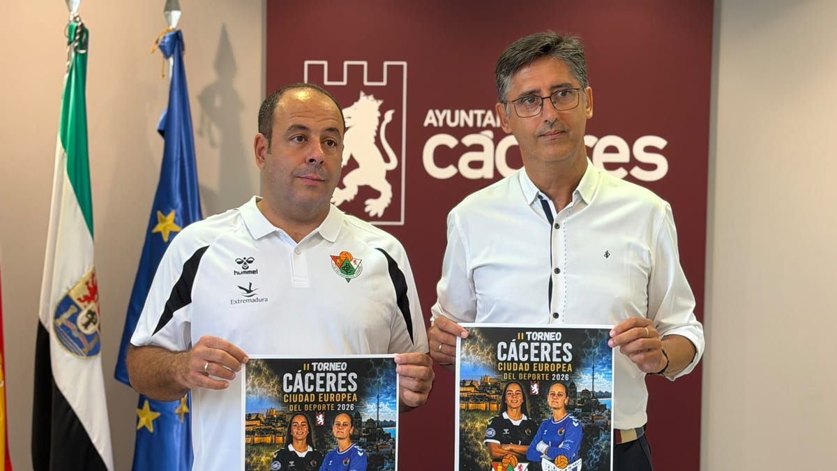 Cartel del II Torneo Cáceres Ciudad Europea del Deporte 2026 con información del partido entre Cacereño Femenino y Sporting Club de Huelva