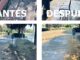 Comparativa del antes y después de la limpieza de la Avenida de los Cuatro Lugares en Cáceres el Viejo realizada por el Ayuntamiento