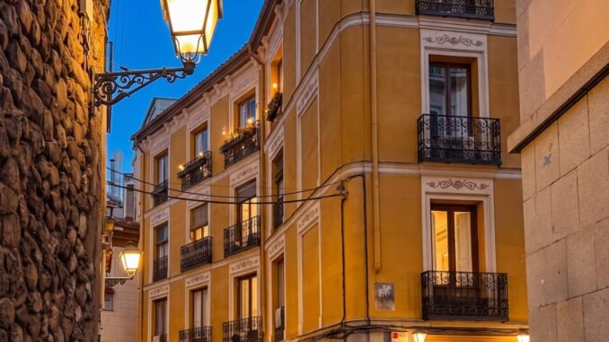 Detalle arquitectónico de la Calle del Cordón en Madrid, mostrando la decoración histórica de la fachada