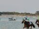 Competición de carreras de caballos en la playa de Sanlúcar de Barrameda con jinetes disputando una carrera sobre arena mojada frente al mar