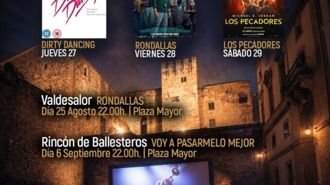 Cartel del cine de verano del Ayuntamiento de Cáceres con películas y horarios en agosto y septiembre
