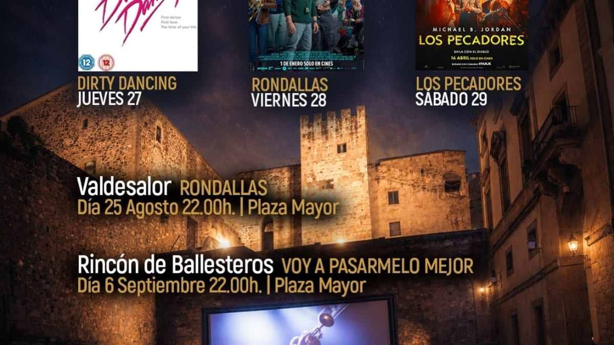 Cartel del cine de verano del Ayuntamiento de Cáceres con películas y horarios en agosto y septiembre