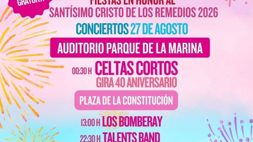 Cartel promocional de conciertos gratuitos del 27 de agosto en San Sebastián de los Reyes: Celtas Cortos, Los Bomberay, Talents Band, Nueva Línea y DJ Danfer