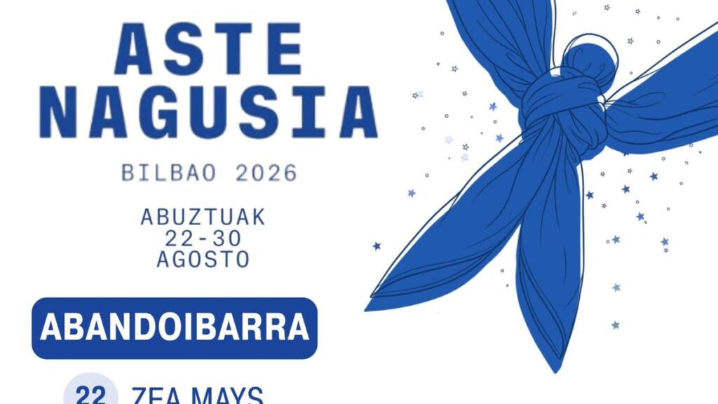Cartel con el programa de conciertos nocturnos de la Aste Nagusia 2026 en Bilbao, mostrando artistas y fechas en Abandoibarra y Parque Europa