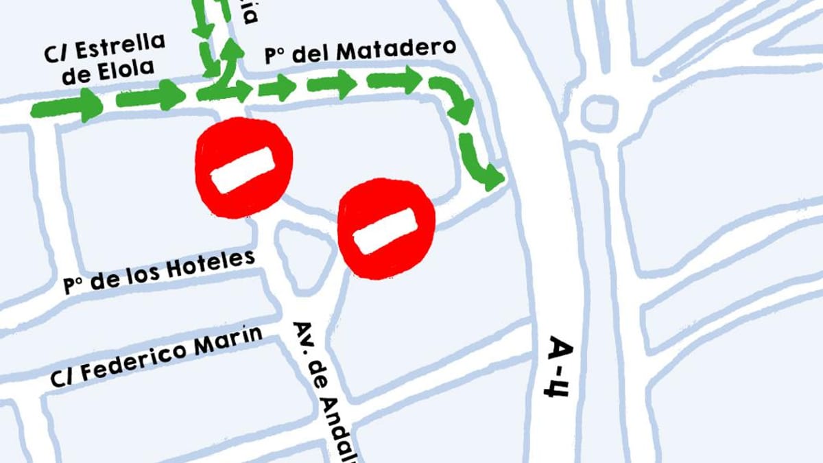 Plano de las calles afectadas por el corte de tráfico en avenida de Andalucía de Valdemoro, con indicación del desvío por paseo del Matadero