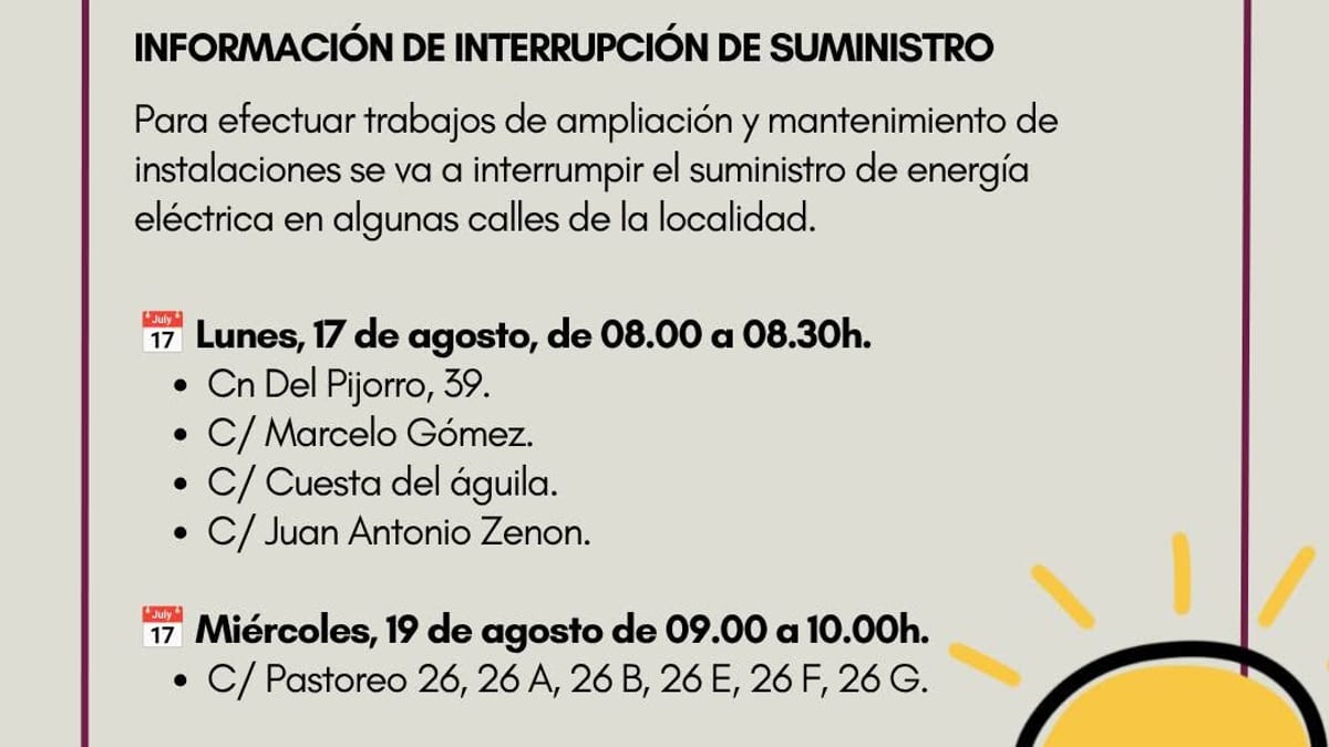 Cartel informativo de cortes de luz en Navalcarnero para los días 17 y 19 de agosto con horarios y calles afectadas