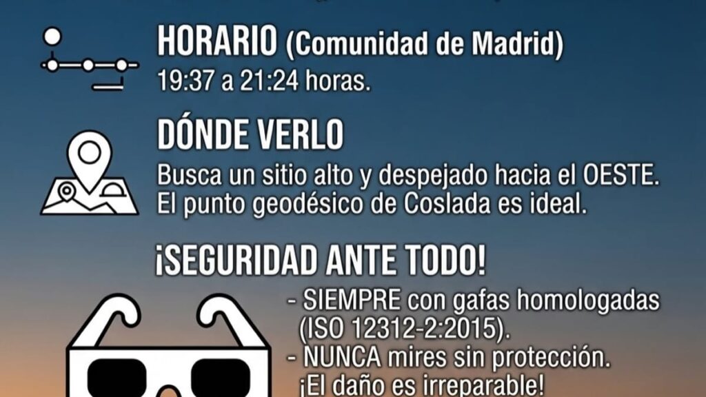 Cartel informativo del Ayuntamiento de Coslada sobre la observación del eclipse solar del 12 de agosto con indicaciones de seguridad