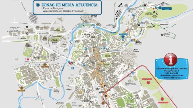 Plano de zonas de observación del eclipse en Cuenca con puntos de gran, media y menor afluencia, incluidas ubicaciones del Cerro del Socorro, Plaza de Mangana y áreas residenciales