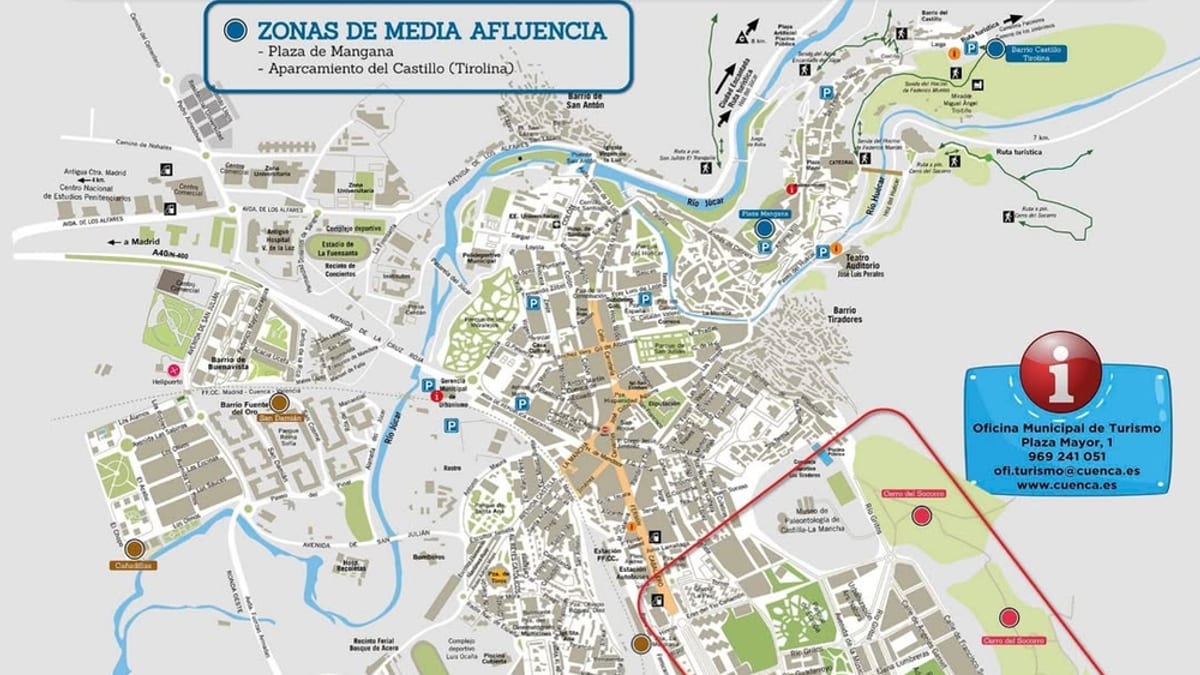 Plano de zonas de observación del eclipse en Cuenca con puntos de gran, media y menor afluencia, incluidas ubicaciones del Cerro del Socorro, Plaza de Mangana y áreas residenciales
