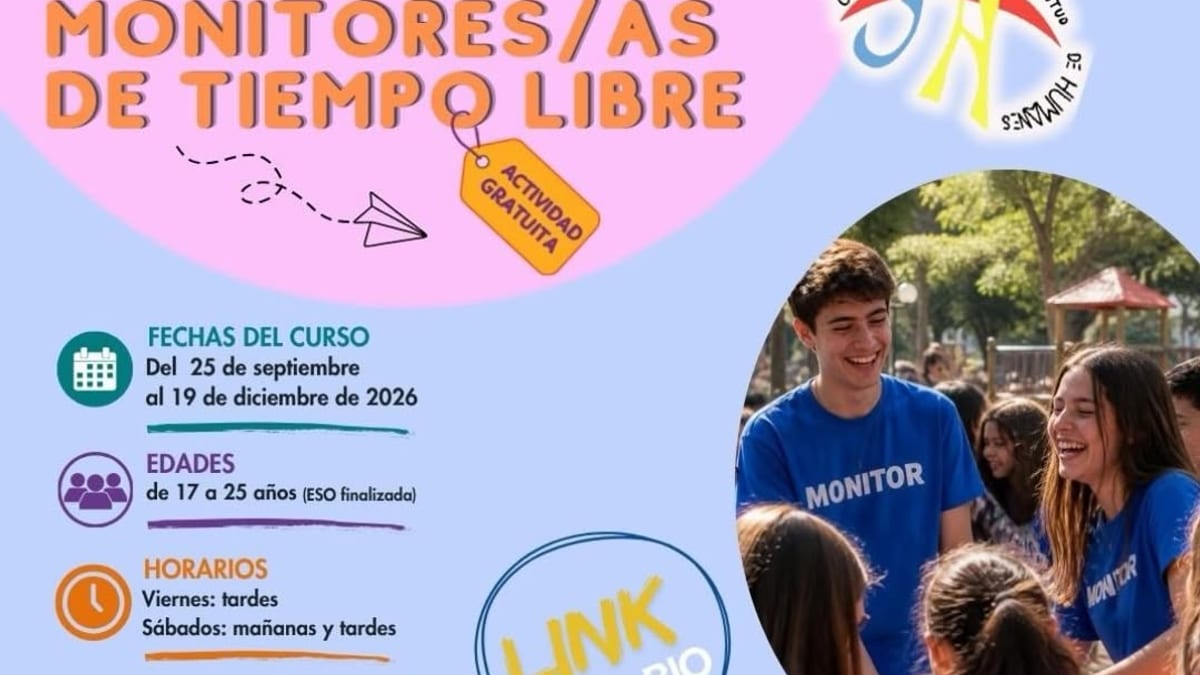 Cartel informativo del Curso de Monitores de Tiempo Libre de Humanes de Madrid 2026 con datos de fechas, horarios y contacto