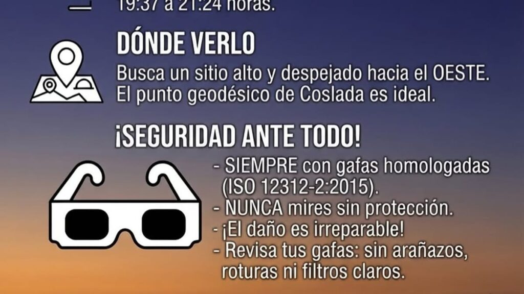 Cartel informativo del eclipse solar parcial en Coslada del 12 de agosto con horario, recomendaciones de seguridad y punto geodésico para la observación