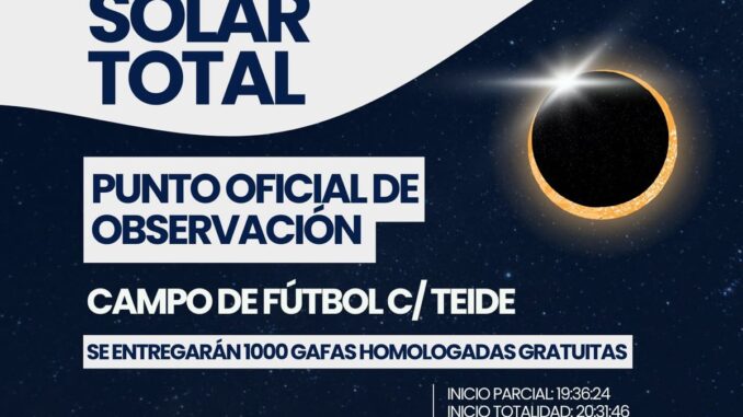 Cartel informativo del eclipse solar total del 12 de agosto de 2026 en San Sebastián de los Reyes, con horarios y detalles del evento