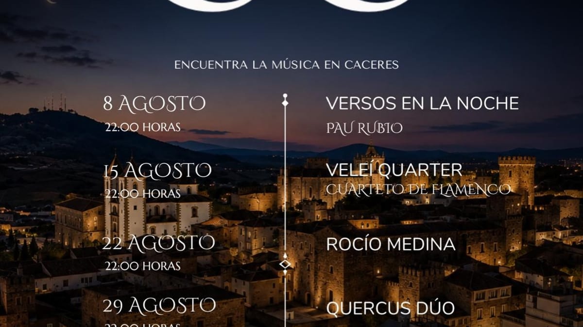 Cartel de la IV edición de Encuentra la Música en Cáceres con fechas, horarios y artistas participantes