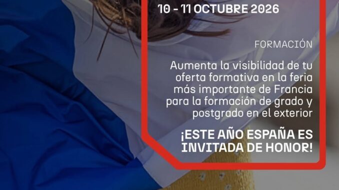 España atrae estudiantes franceses en la feria de París de octubre Cartel del Pabellón España en la feria Salón Partir étudier à L'étranger 2026 París, 10-11 de octubre, con logos de ICEX y SEPIE