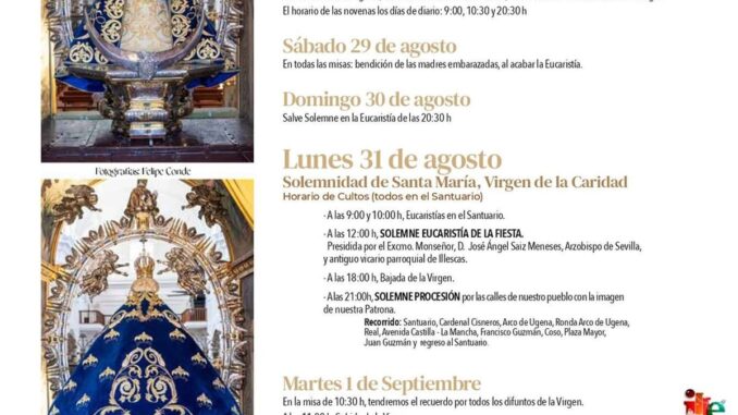 Abre mañana la programación religiosa de las Fiestas Patronales 2026 en Illescas Cartel anunciador de los actos religiosos de las Fiestas Patronales 2026 en honor a la Virgen de la Caridad de Illescas con horarios de misas y procesión