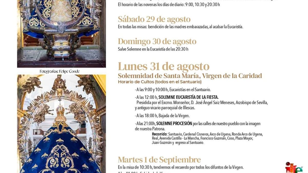 Cartel anunciador de los actos religiosos de las Fiestas Patronales 2026 en honor a la Virgen de la Caridad de Illescas con horarios de misas y procesión