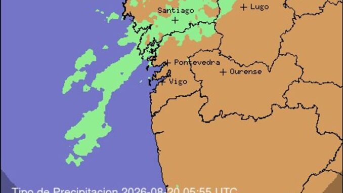 Frente frío trae lluvia de norte a sur en Galicia con descenso de temperaturas Mapa de precipitación de MetGalicia mostrando el paso del frente frío en Galicia el 20 de agosto de 2026