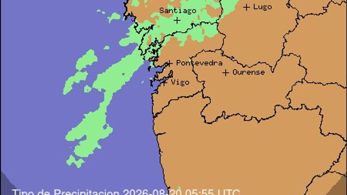 Mapa de precipitación de MetGalicia mostrando el paso del frente frío en Galicia el 20 de agosto de 2026