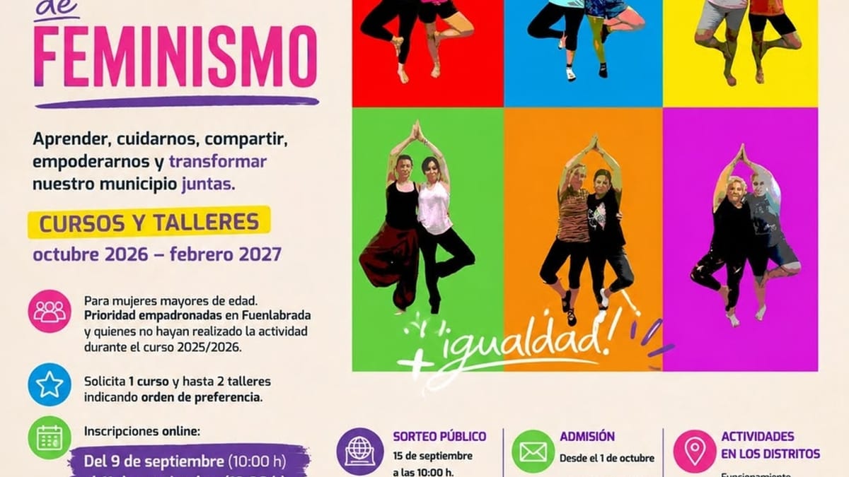 Cartel del programa de cursos y talleres de feminismo de la Concejalía de Feminismo y Diversidad del Ayuntamiento de Fuenlabrada para el curso 2026-2027